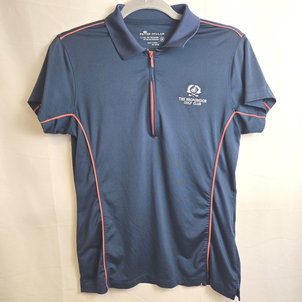 Peter MIllar Quarter Zip Short Sleeve Broadmoor Golf Club Polo, Blue, Medium
